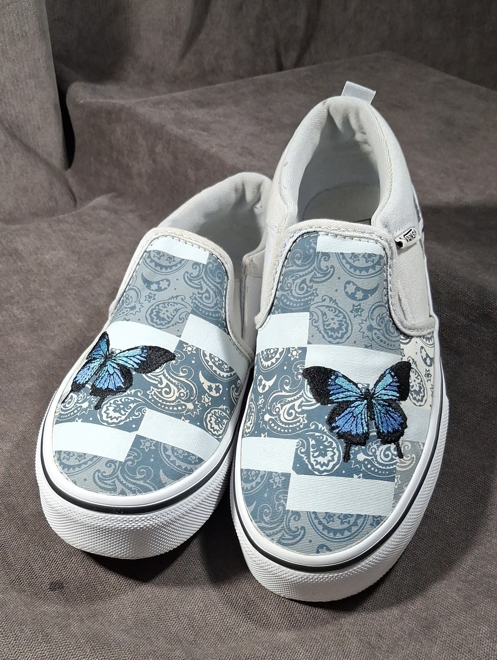 Vans Asher Blue Paisley Embroidered Butterfly Slip On Sneakers G- US J3.5 W5
